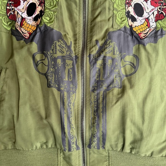 Canvas Bomber Jacket Mens 3XL Green Skull Guns Graphic Biker Goth - Picture 6 of 12